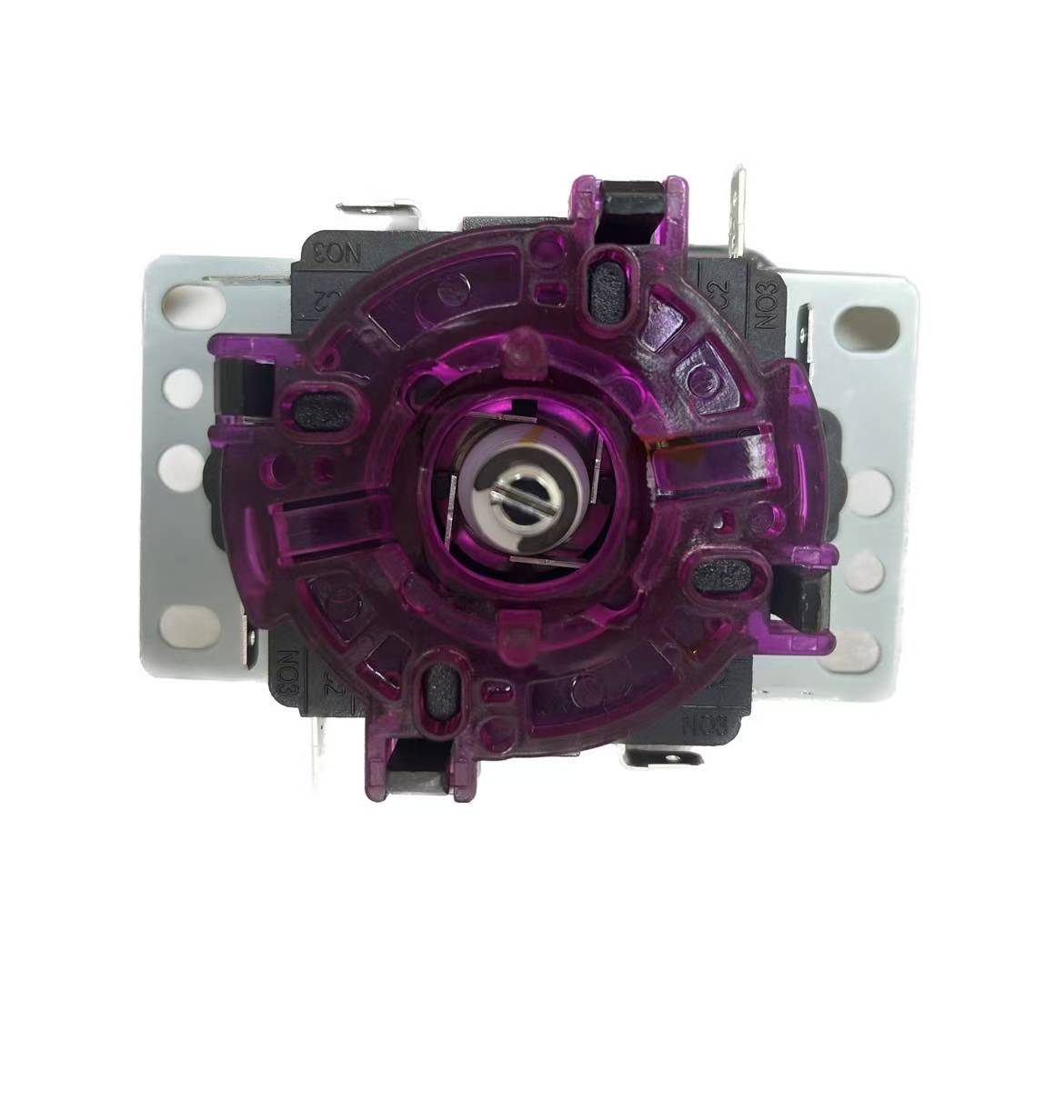 8-way arcade joystick bottom view showing purple microswitches and metal mounting plate – JAMMA compatible long shaft rocker