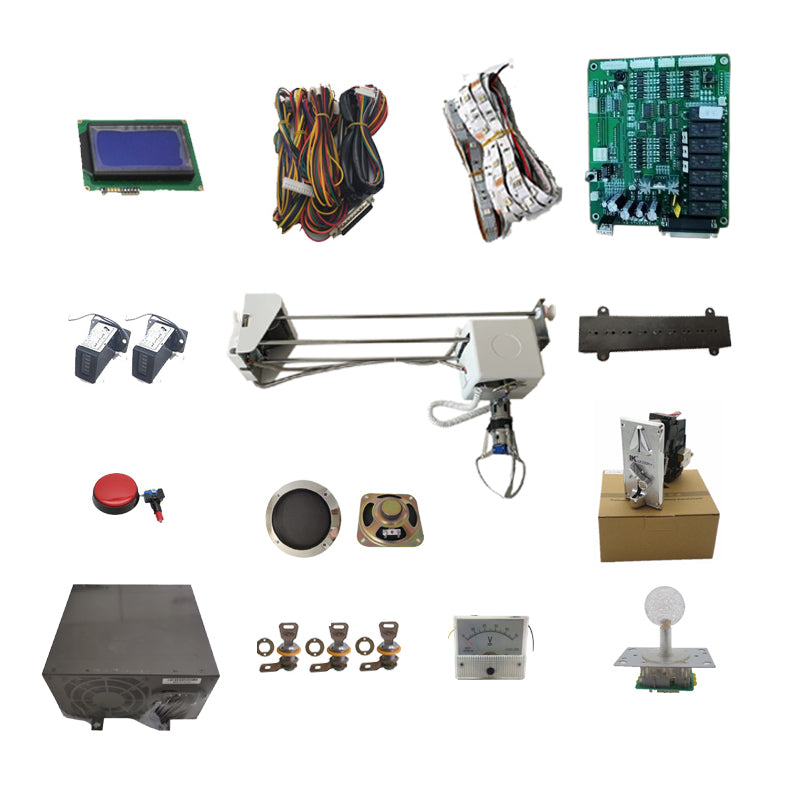 DIY claw crane machine kit components including gantry, control board, claw mechanism, motors, joystick, coin acceptor, and wiring