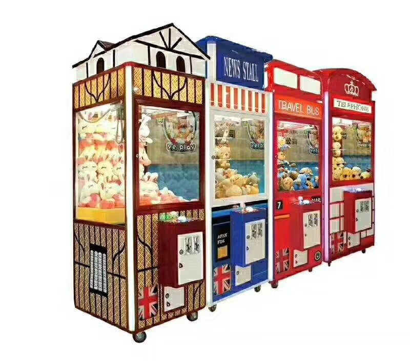 Claw crane machines in British telephone box and news stall designs filled with plush toys