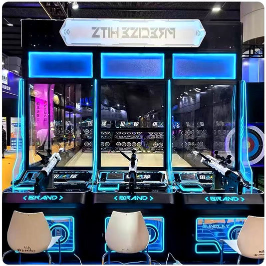 Three-lane indoor real shooting game machine with LED lighting and physical targets in a commercial arcade venue