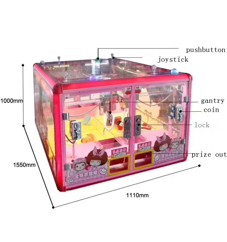 Claw crane machine filled with prizes showing gantry, joystick, coin slot and prize out tray — best claw machine prize setup for maximum revenue