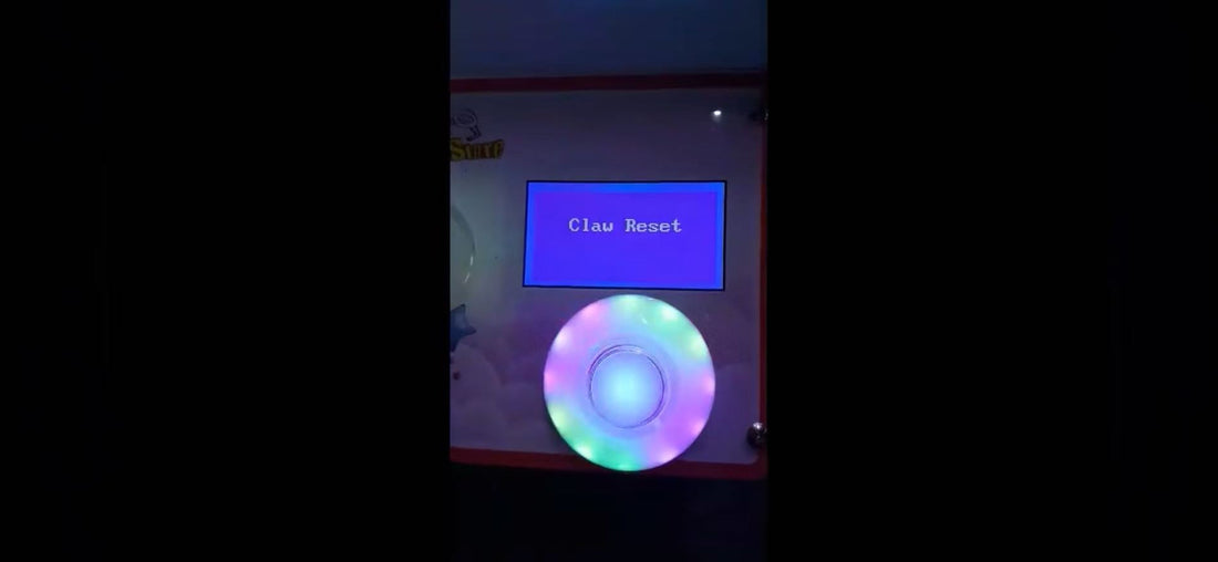Claw machine display showing Claw Reset error — gantry micro switch brake pad troubleshooting on a 7-year-old Hiclawcrane machine