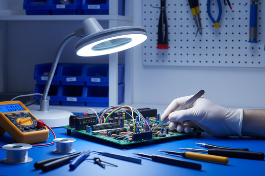 Technician repairing arcade claw crane machine circuit board