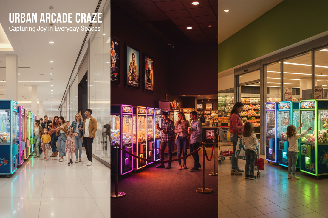 Claw machines placed in shopping mall, cinema lobby, and supermarket — venue comparison for arcade operators