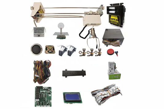 DIY claw crane machine kit components including gantry, mainboard, joystick, coin acceptor, wiring harness and power supply