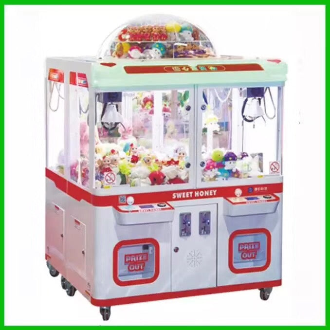 Claw crane machine filled with colorful stuffed plush toys, ideal for arcade business operators in malls and entertainment venues