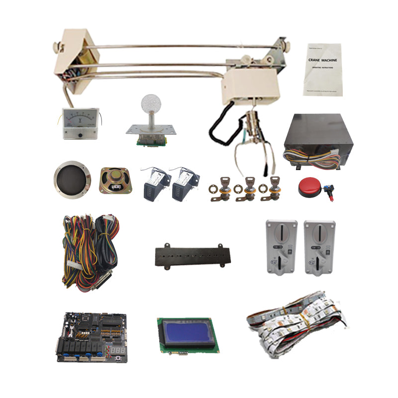 DIY claw crane machine kit components including 71cm gantry, main board, joystick, coin acceptors, power supply, wiring harness, and LCD screen
