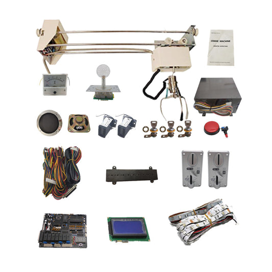 DIY claw crane machine kit components including 71cm gantry, main board, joystick, coin acceptors, power supply, wiring harness, and LCD screen