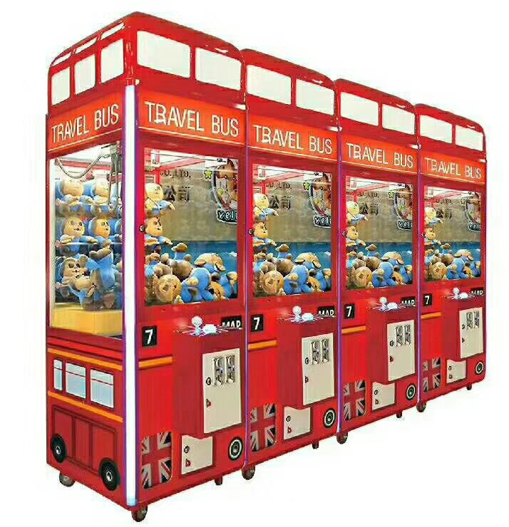Travel Bus themed claw crane machines filled with cartoon plush toys — arcade business setup by Hiclawcrane