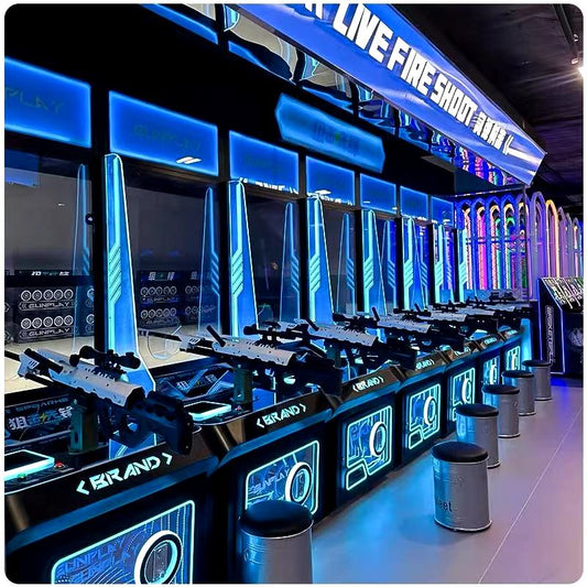 Row of illuminated arcade machines with blue LED lighting in a commercial entertainment venue