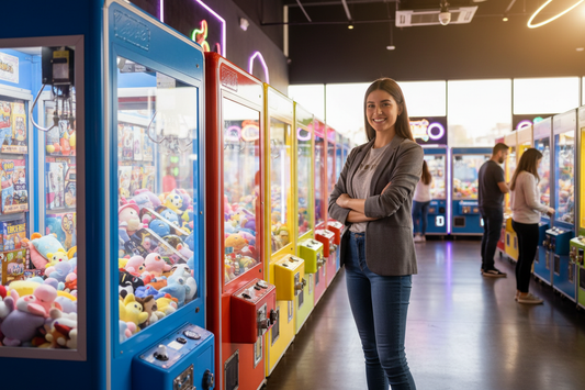 Young entrepreneur standing next to colorful claw machines in a modern arcade – claw machine business opportunity 2026