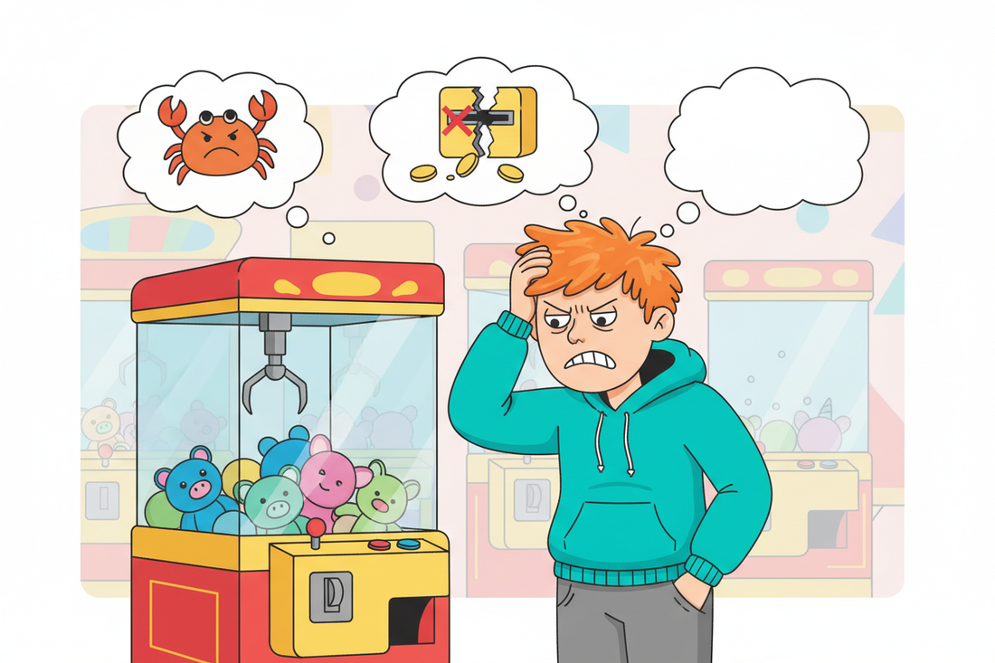 Illustration of a first-time claw machine buyer making common mistakes – a guide to avoiding costly errors when buying your first claw machine