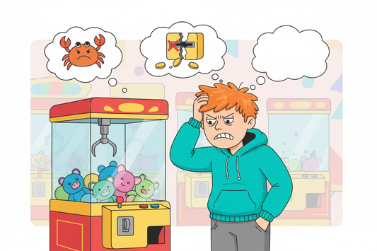 Illustration of a first-time claw machine buyer making common mistakes – a guide to avoiding costly errors when buying your first claw machine