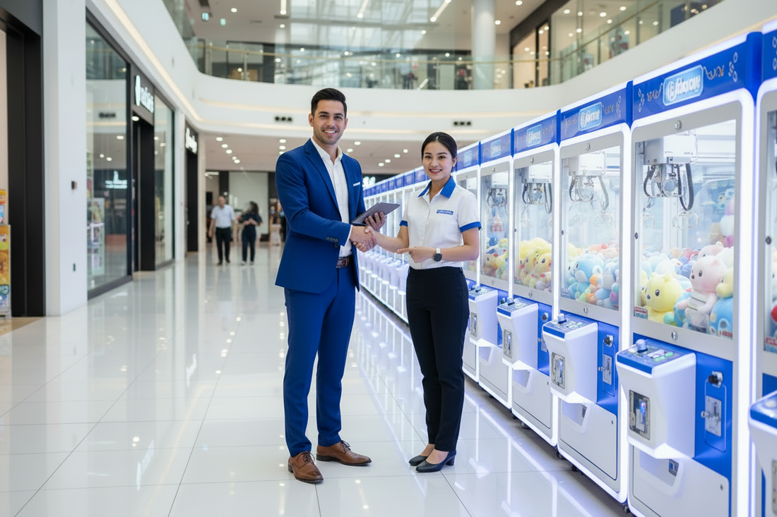 Arcade machine distributor and operator shaking hands in front of Hiclawcrane branded claw crane machines in a modern shopping mall