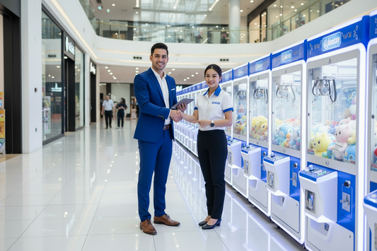 Arcade machine distributor and operator shaking hands in front of Hiclawcrane branded claw crane machines in a modern shopping mall