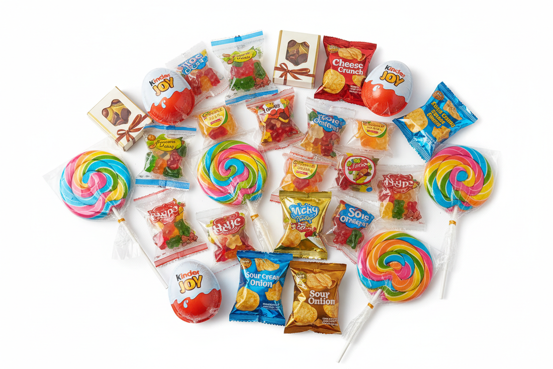 Colorful candy and snack prizes for claw machines including wrapped chocolates, gummy packs, lollipops and mini snack bags