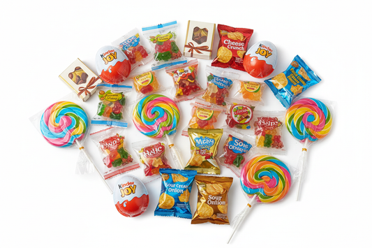 Colorful candy and snack prizes for claw machines including wrapped chocolates, gummy packs, lollipops and mini snack bags
