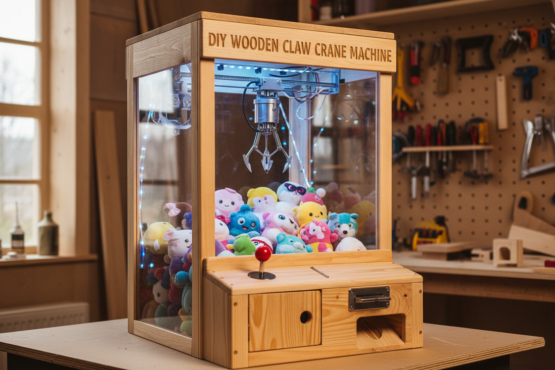 DIY wooden claw crane machine cabinet for home game room – compact tabletop design with glass panels, LED lighting, claw mechanism, and prize retrieval door