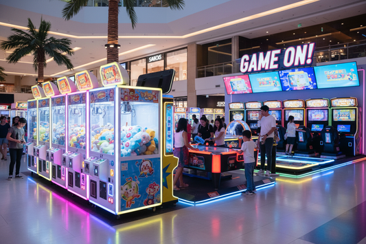 Colorful arcade entertainment venue with claw machines and coin-operated games under bright LED lighting