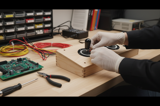 Hands assembling arcade claw machine electronic components on a workbench – DIY claw machine kit setup guide