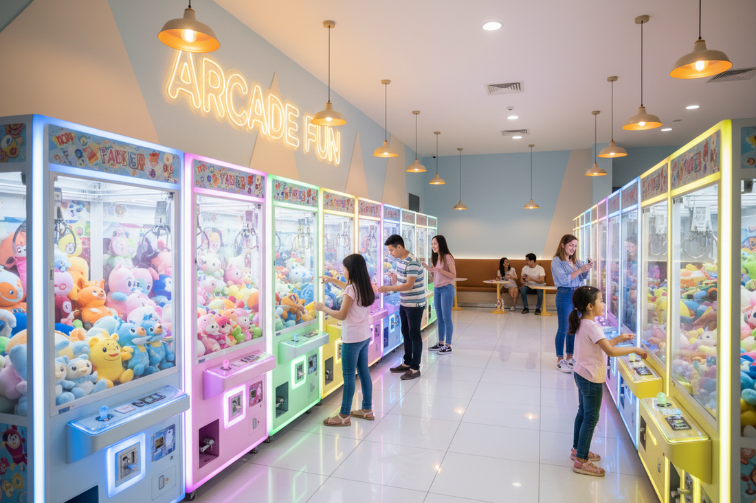 Small arcade venue with colorful claw machine games lined up, families enjoying prizes – claw machine arcade startup guide