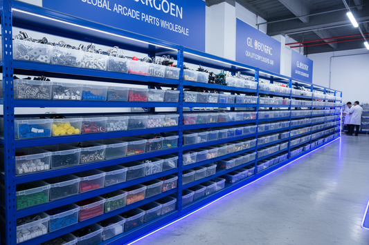 Arcade claw machine spare parts organized in wholesale storage boxes for bulk buyers