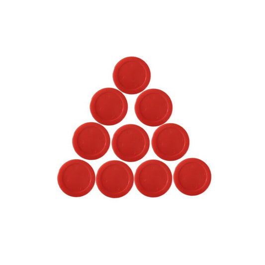 Nine red circular disc-shaped game pieces arranged in a triangular pyramid stack on a plain white background.