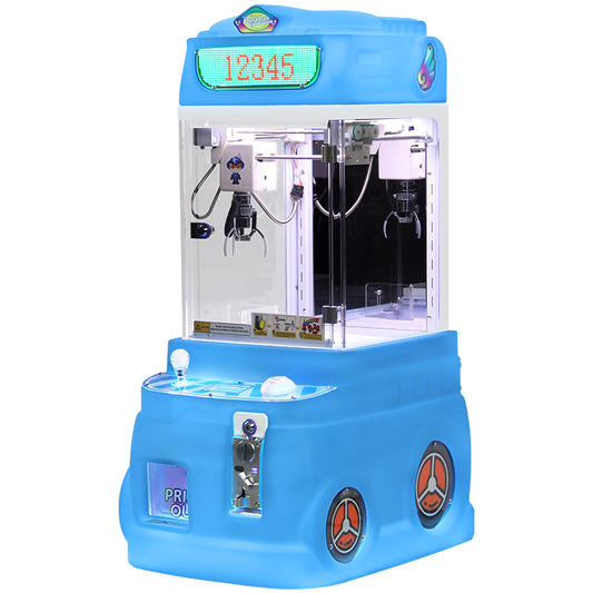 A blue mini claw machine with a clear glass front, digital score display at the top, and three claw grips inside