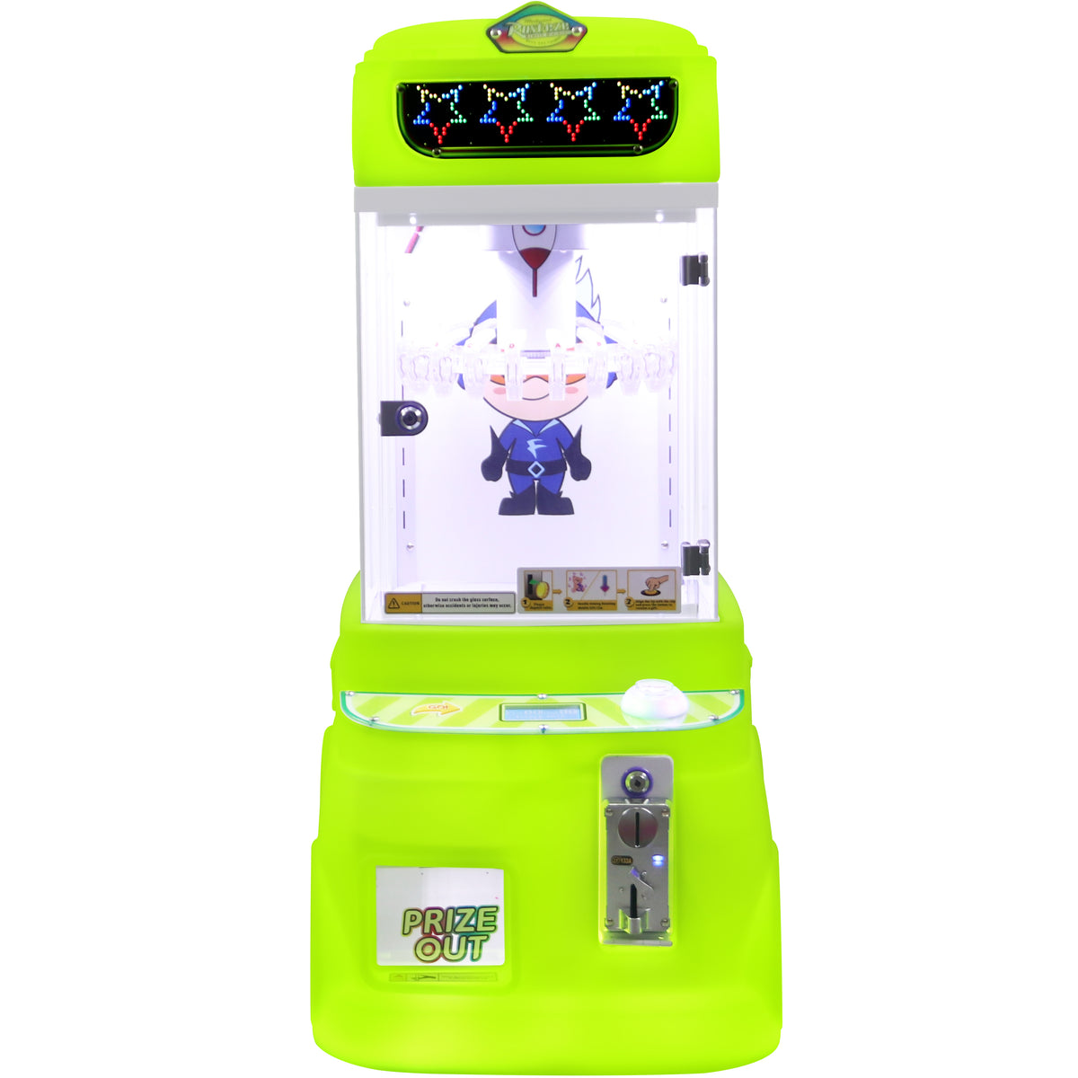 Green coin-operated lucky wheel clip prize machine with a clamp prize mechanism