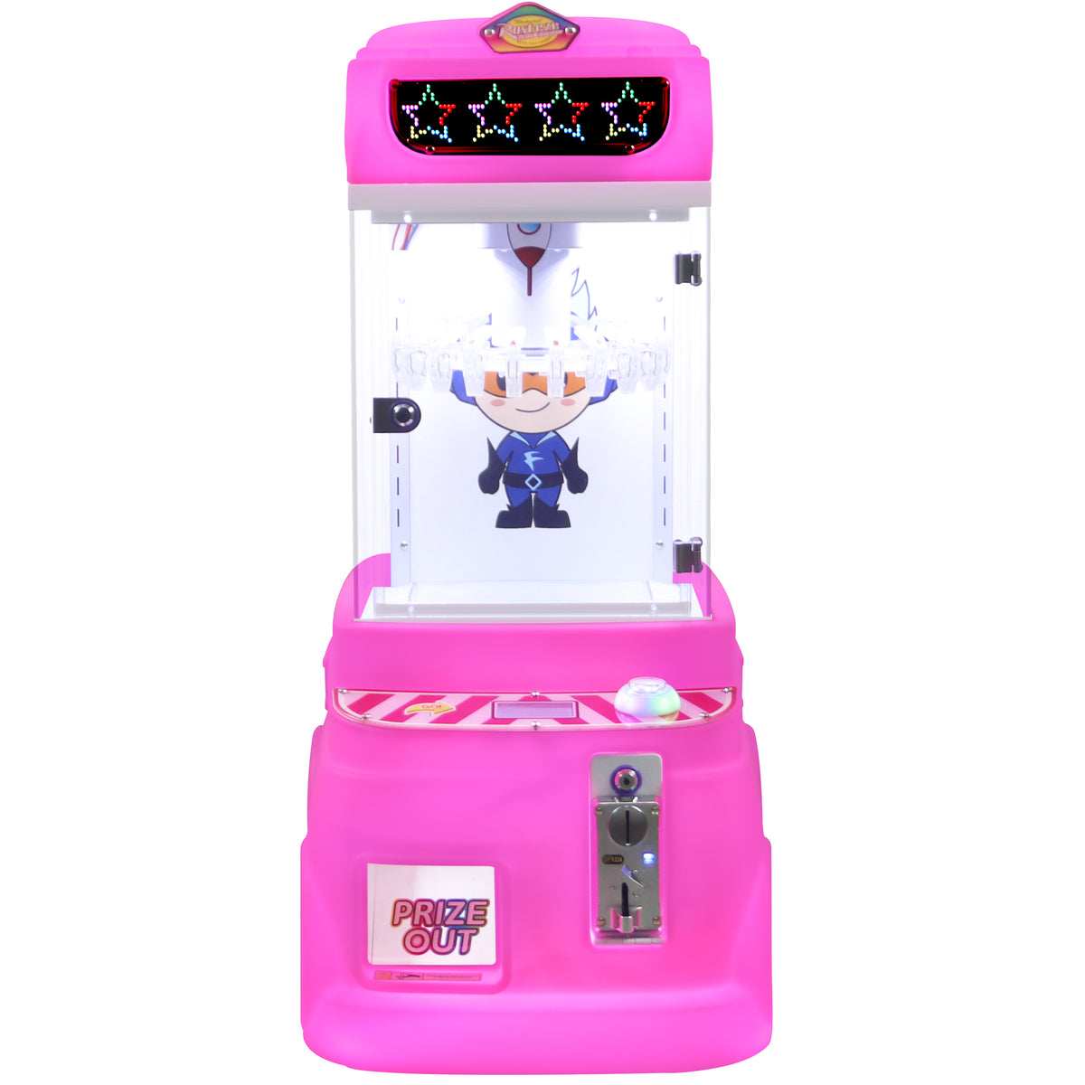 Pink coin-operated lucky wheel clip prize machine with a clamp prize mechanism