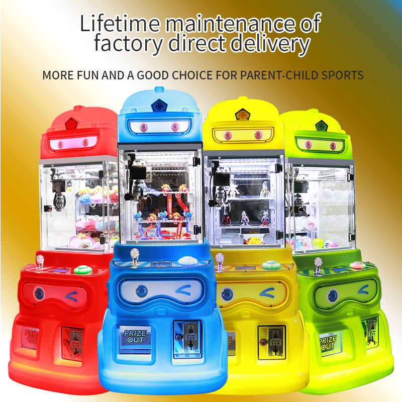 Four colorful claw machines in red, blue, yellow, and green, arranged together with promotional text at the top.