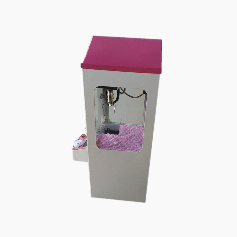 Mini metal claw crane machine pink top side angle view showing prize compartment and claw mechanism – Hiclawcrane