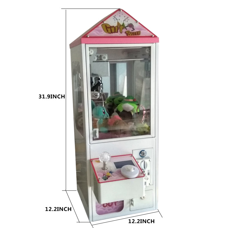 Mini metal bartop claw crane machine with pink roof showing dimensions 31.9 x 12.2 x 12.2 inch – Hiclawcrane